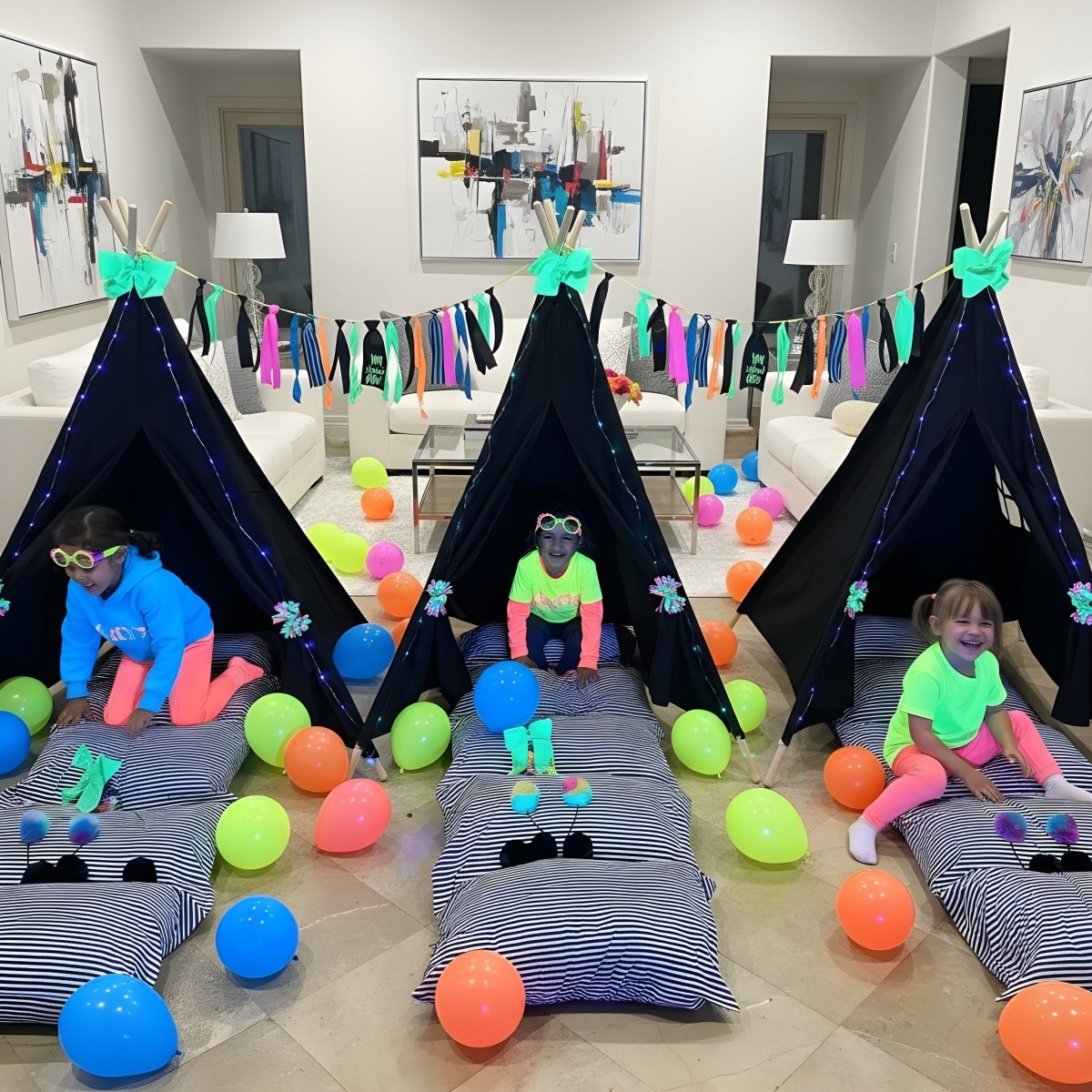 neon tent Glow Party-Glow in the Dark Party Supplies Sleepover Kit Black