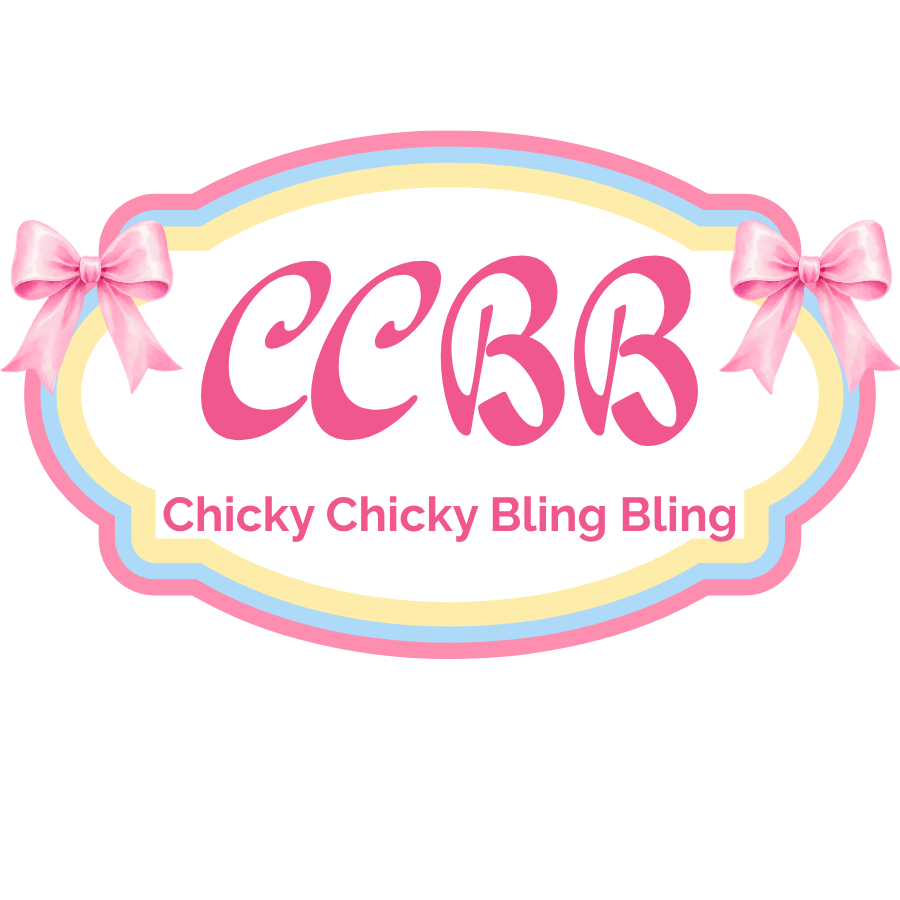 A decorative logo-style graphic with the letters 'CCBB' in large pink script, the phrase 'Chicky Chicky Bling Bling' underneath, pink ribbon bows on both sides, and a pastel pink, yellow, and blue scalloped border on a white background. great for girls gifts