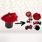 Red and Black Party Favors- Fun party favor jars filled with coordinating red and black hair accessories