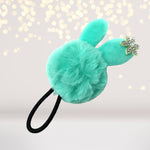 Hairband - Snow Bunny Pom Pom Fur Ball Hair Elastic Ponytail Holder With Rhinestone Snowflake
