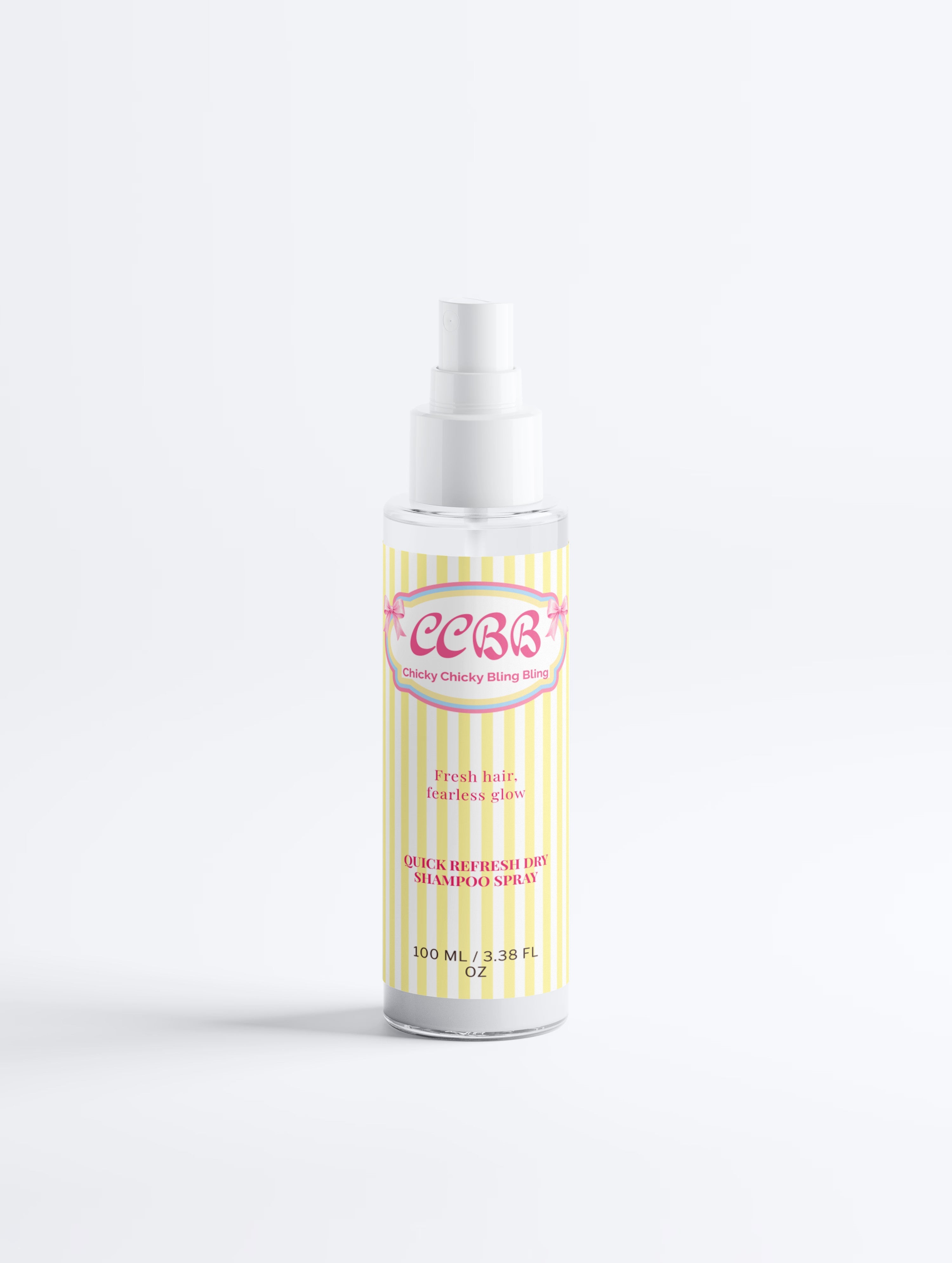 Chicky Chicky Bling Bling Quick Refresh Dry Shampoo Spray bottle with a custom pink and yellow label