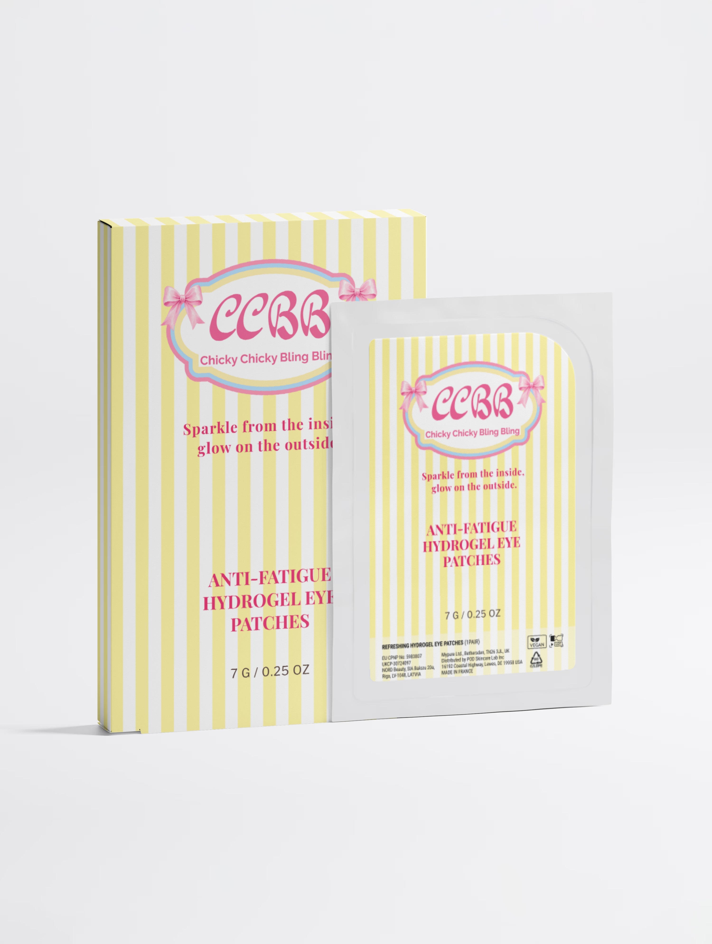 CCRB Chicky Chicky Bling Anti-Fatigue Hydrogel Eye Patches shown with their yellow and white striped packaging box and an individual single-use packet on a light gray background.