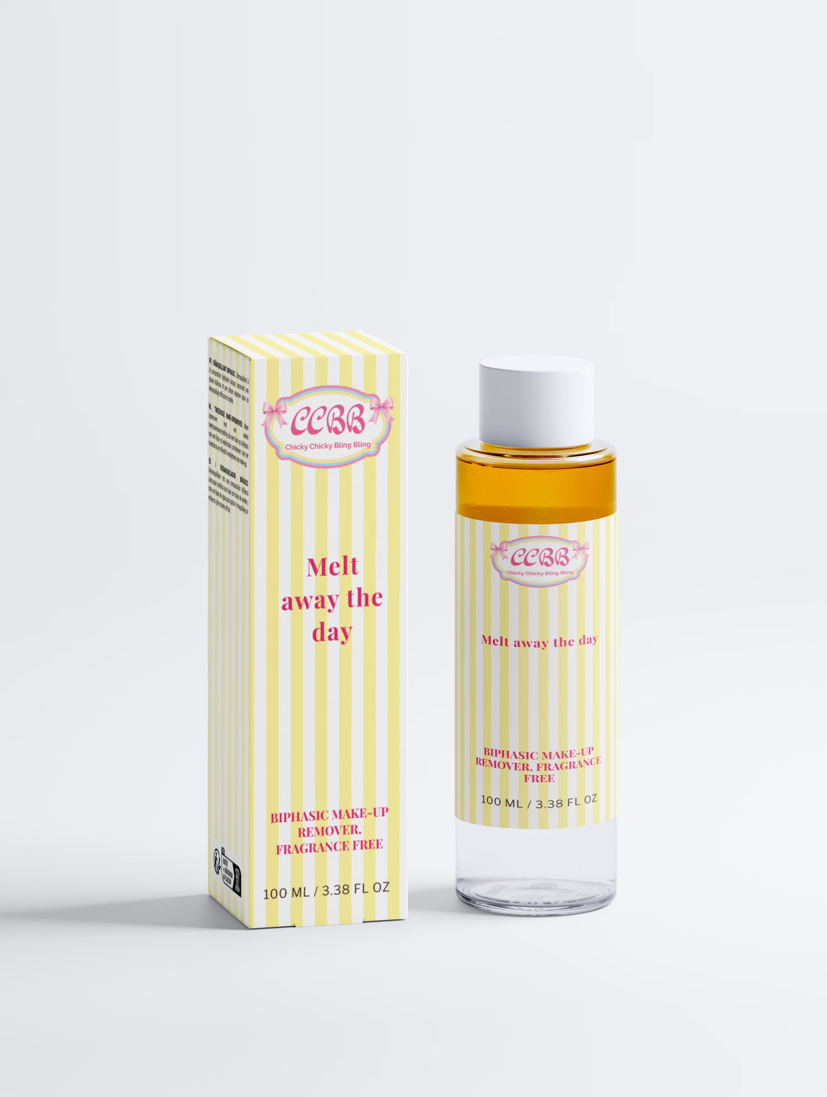 BiPhasic Make-up Remover Fragrance Free bottle next to its yellow and white striped packaging box on a white background