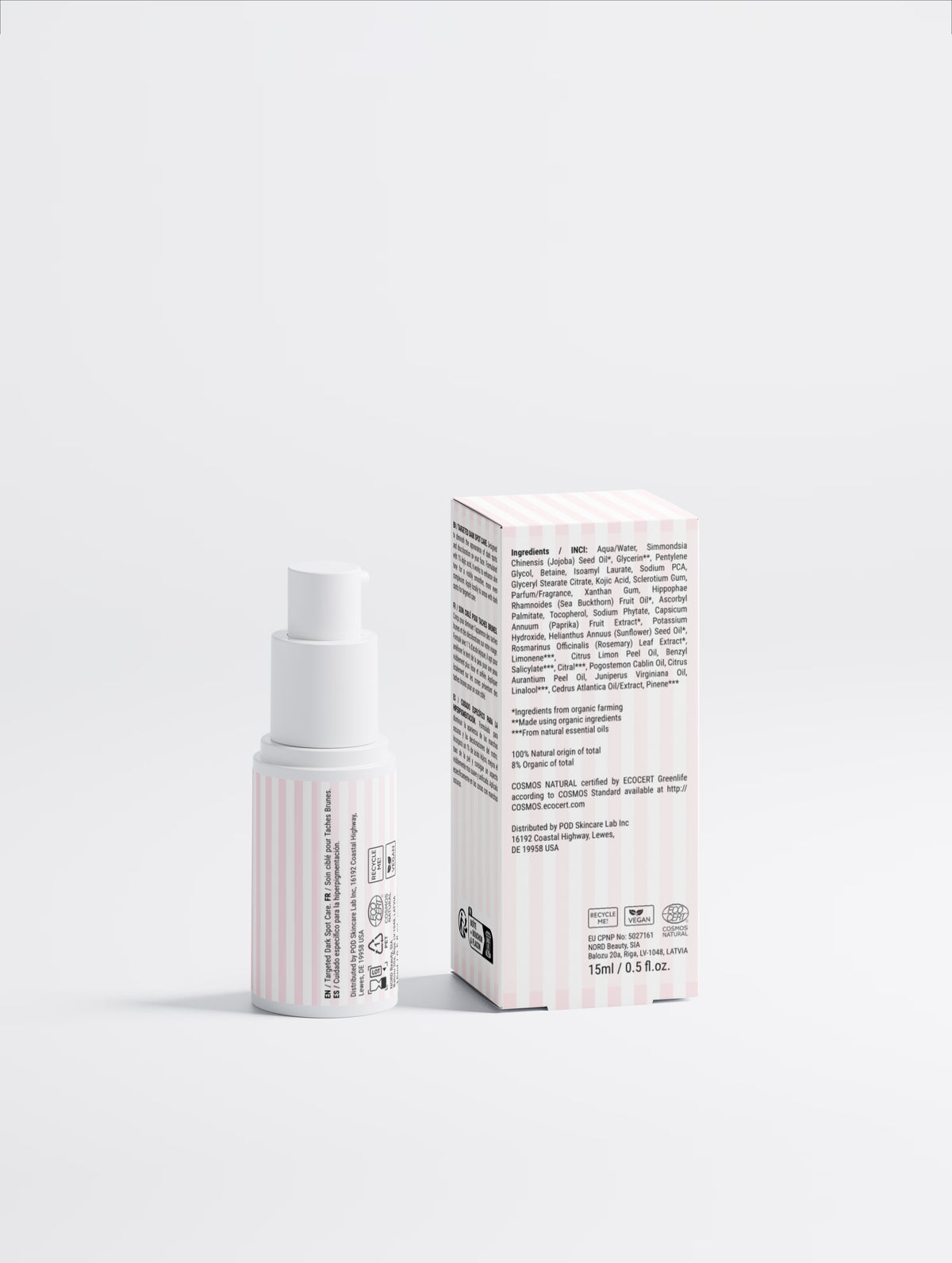 Targeted Dark Spot Care 1% Kojic Acid pump bottle and ingredient label box display on a clean background