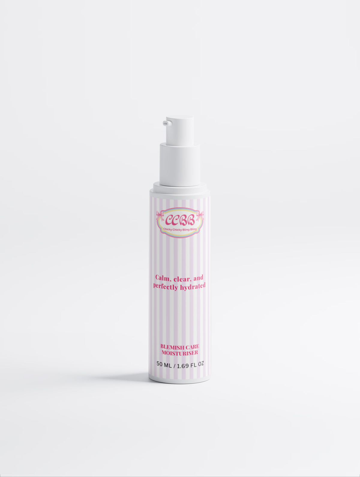Close-up of the Blemish Care Moisturiser label and dispenser pump mechanism