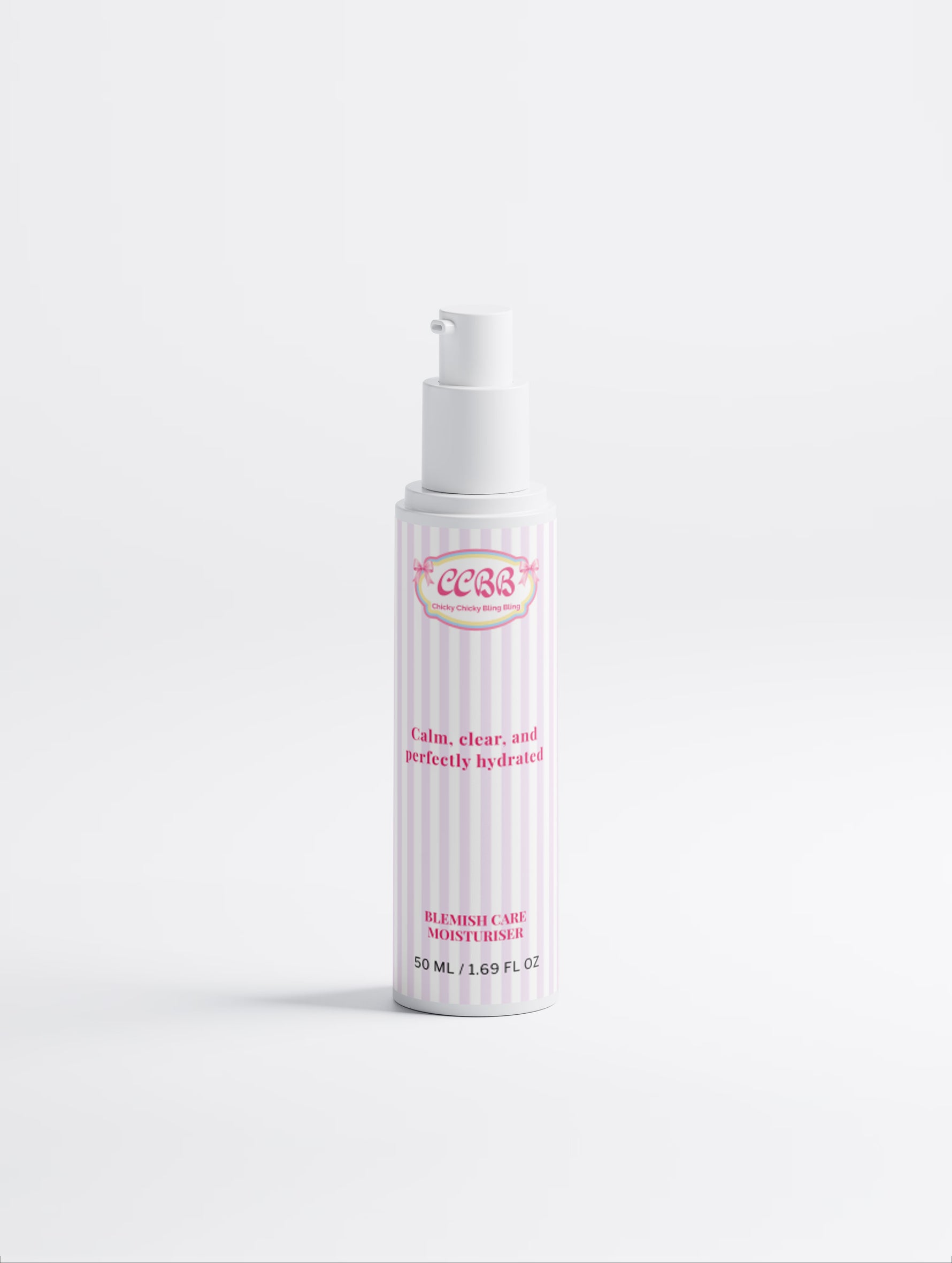 Close-up of the Blemish Care Moisturiser label and dispenser pump mechanism
