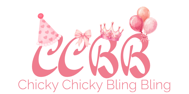 A pink watercolor-style logo reading 'CCBB' with a party hat, bow, crown, and balloons, above the text 'Chicky Chicky Bling Bling' on a white background.