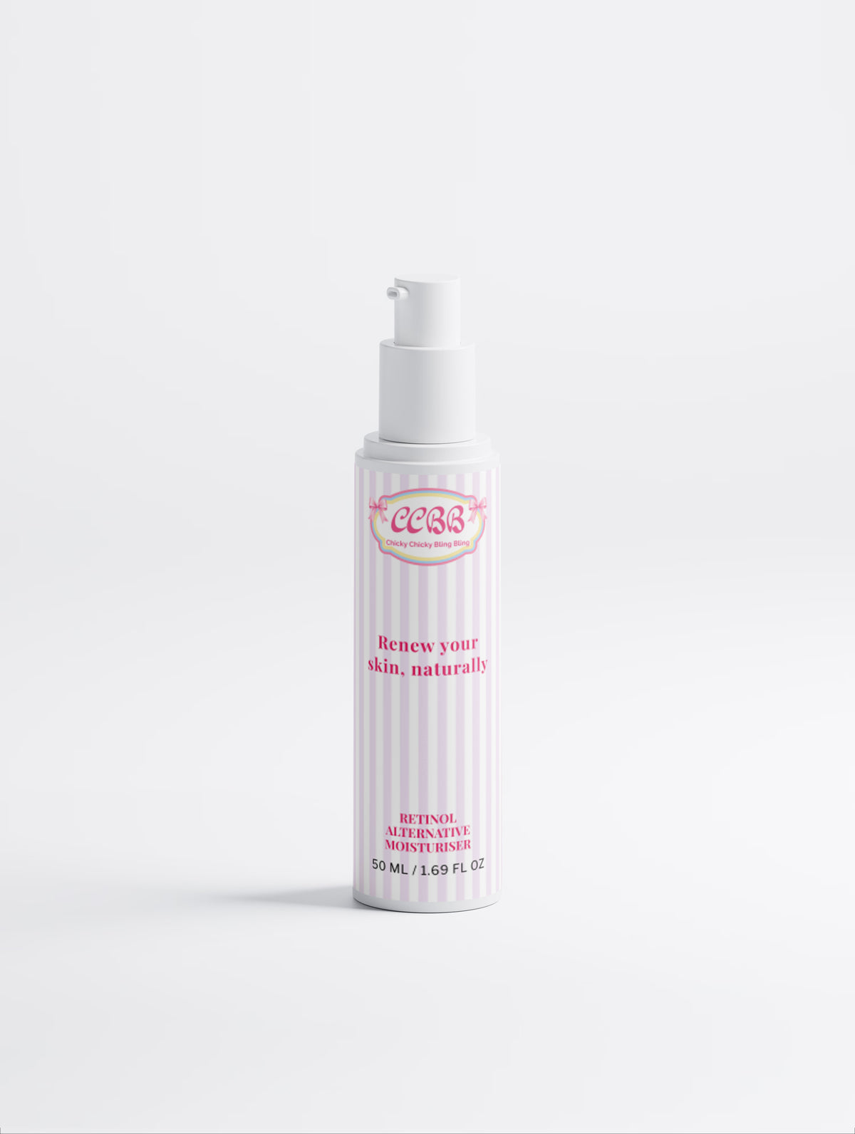 Retinol Alternative Moisturiser pink and white striped pump bottle on a white background