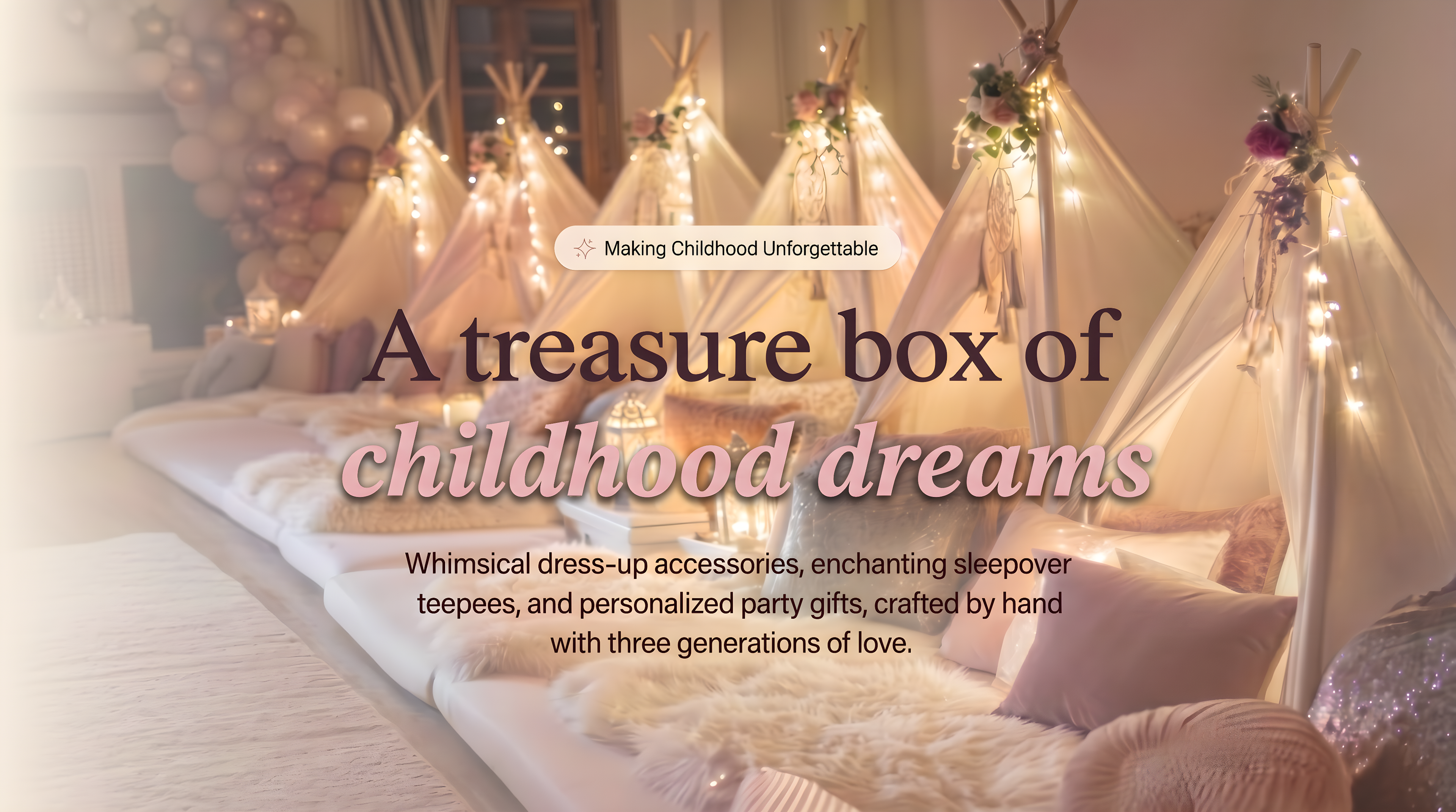 Promotional graphic for a 'treasure box of childhood dreams' featuring a pink bow at the top and a central photo of cozy teepees with warm fairy lights and blankets. Text reads: 'A treasure box of childhood dreams' and 'Whimsical dress-up accessories, enchanting sleepover teepees, and personalized party gifts, crafted by hand with three generations of love.