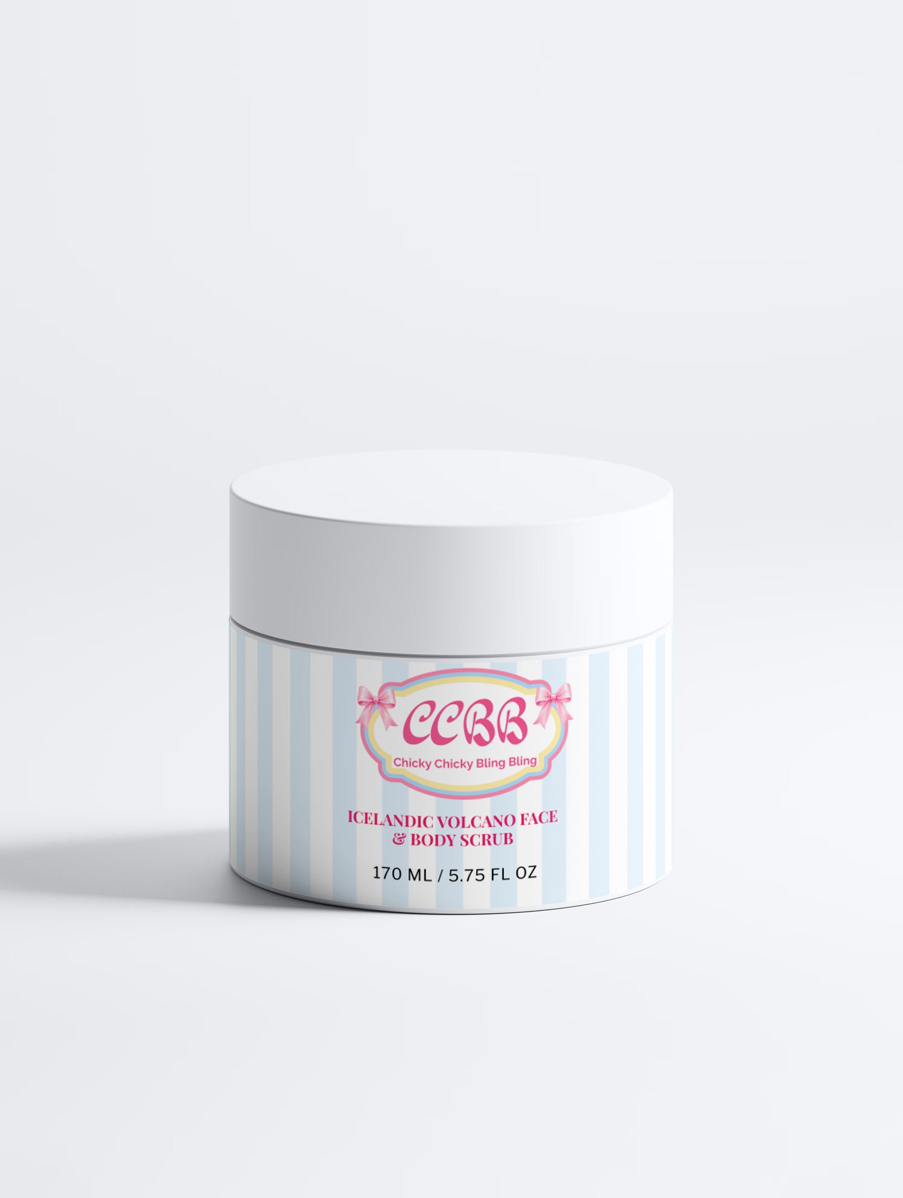 Icelandic Volcano Face and Body Scrub jar in white with light blue stripes and pink logo on a white background