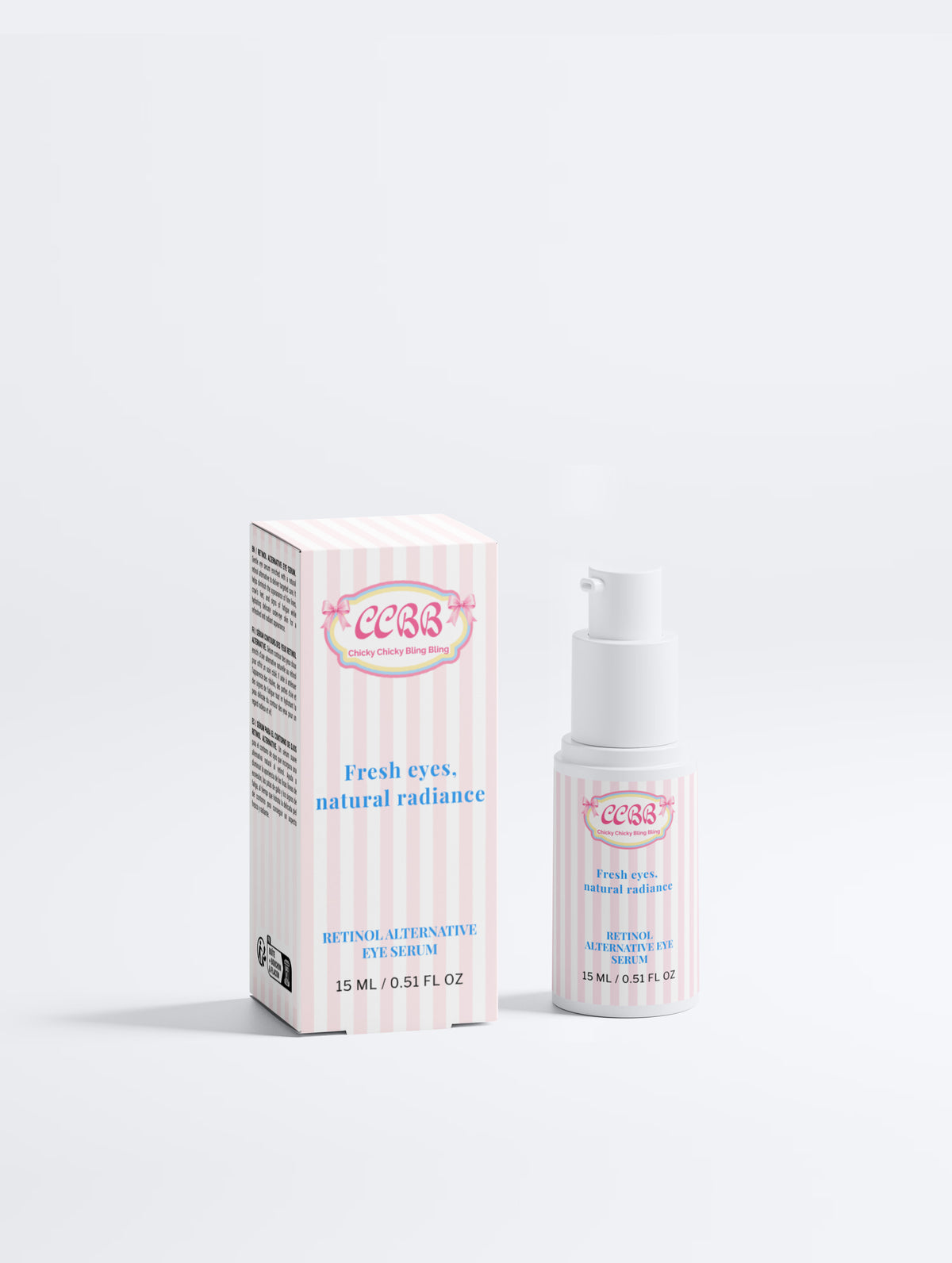 A bottle of COBB Retinal Alternative eye drops next to its matching pink and white striped box, set against a clean white background.
