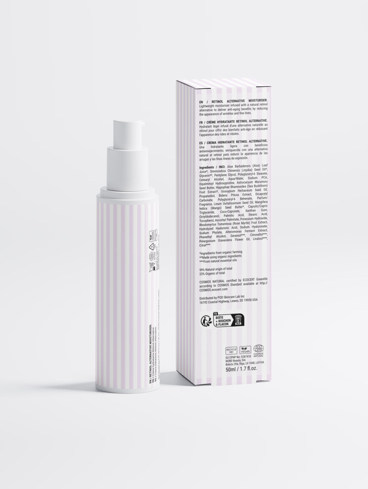 Retinol Alternative Moisturizer pump bottle and matching tall white product box on light gray background