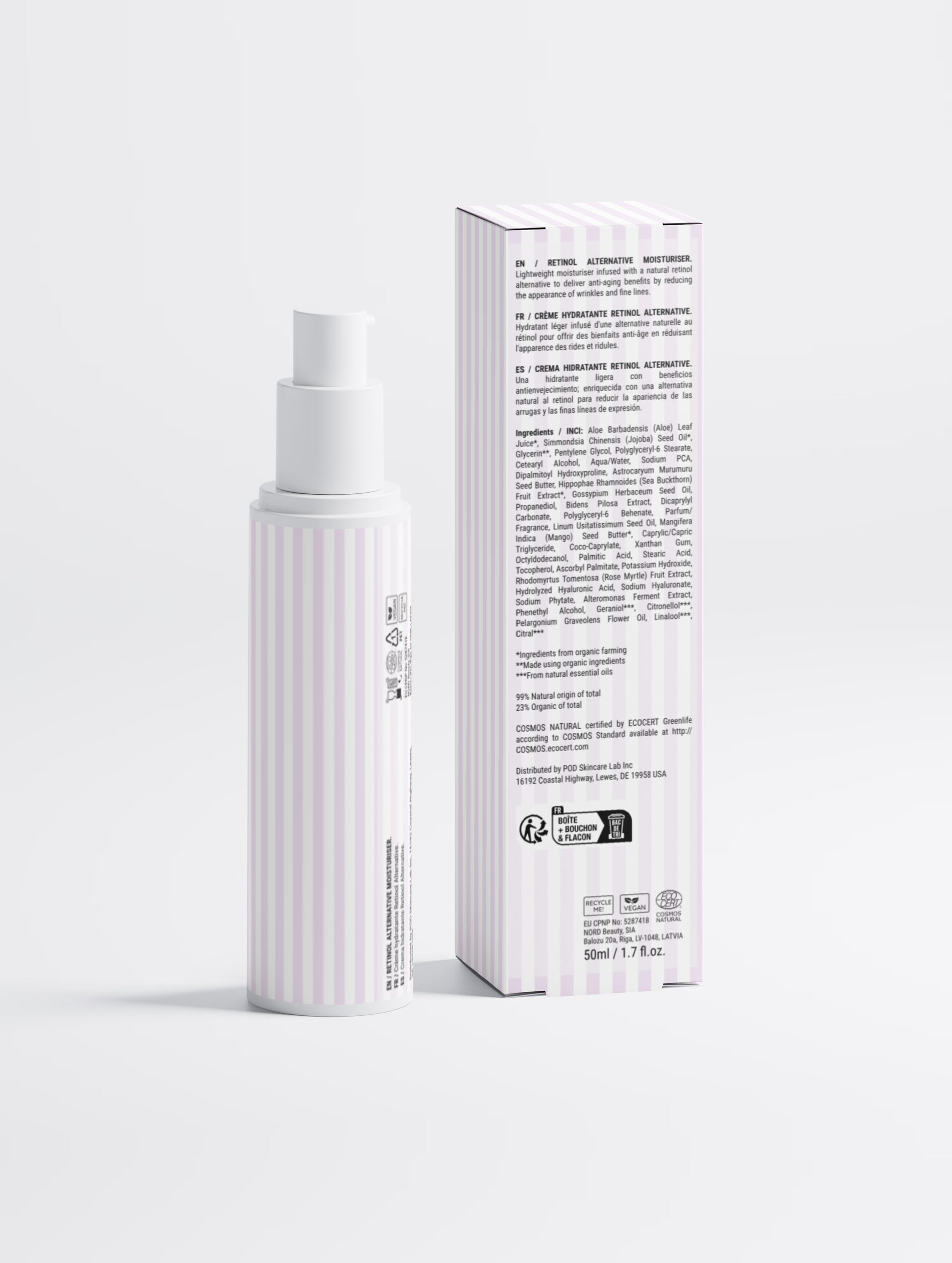 Retinol Alternative Moisturizer pump bottle and matching tall white product box on light gray background