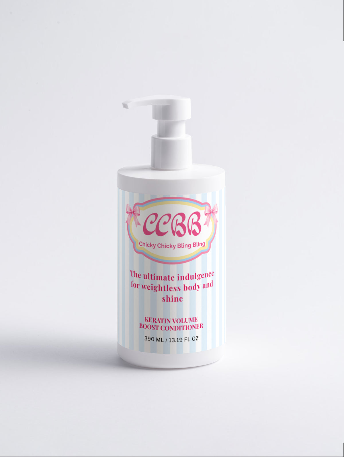 A white pump bottle of Chucky Chicky Body Butter with a pastel blue and pink striped label, set against a plain white background.