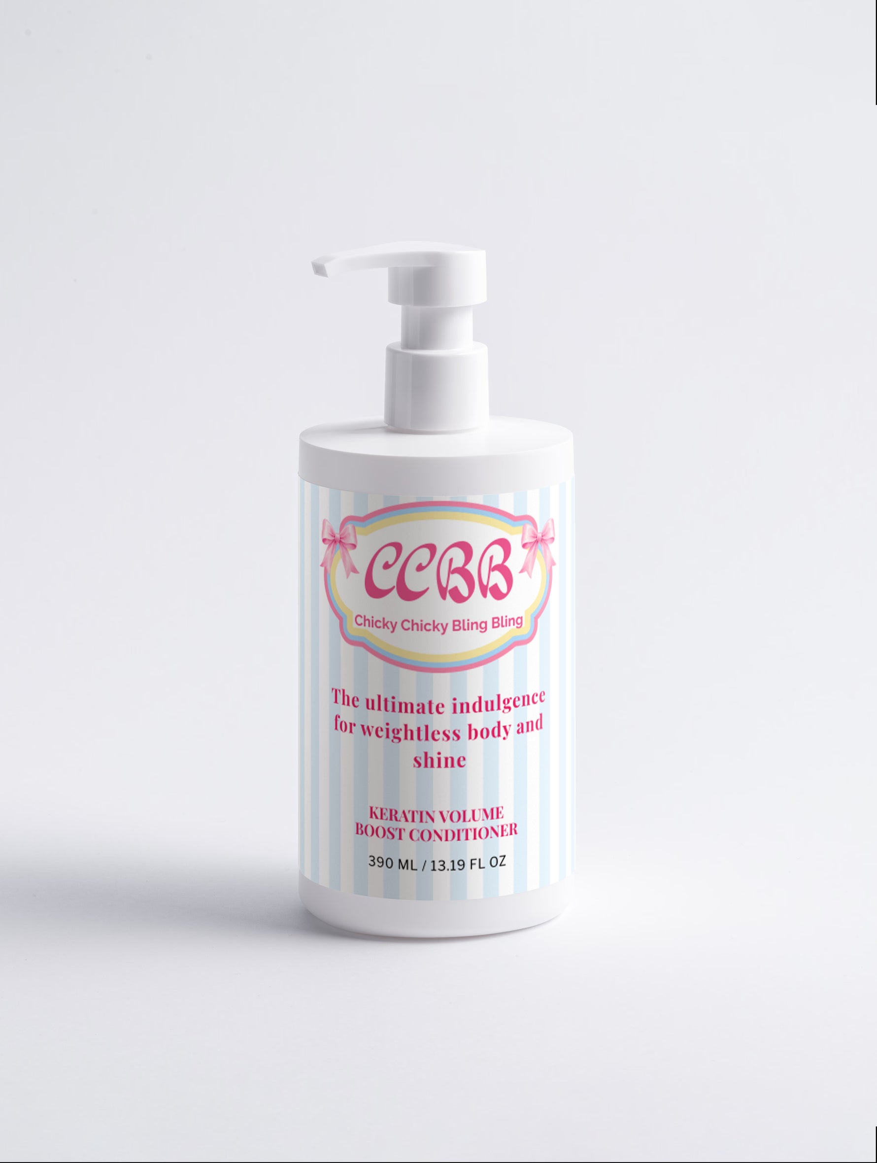 A white pump bottle of Chucky Chicky Body Butter with a pastel blue and pink striped label, set against a plain white background.