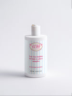 A bottle of baby shampoo with a white cap and a white label featuring light blue vertical stripes and pink text, set against a plain white background.