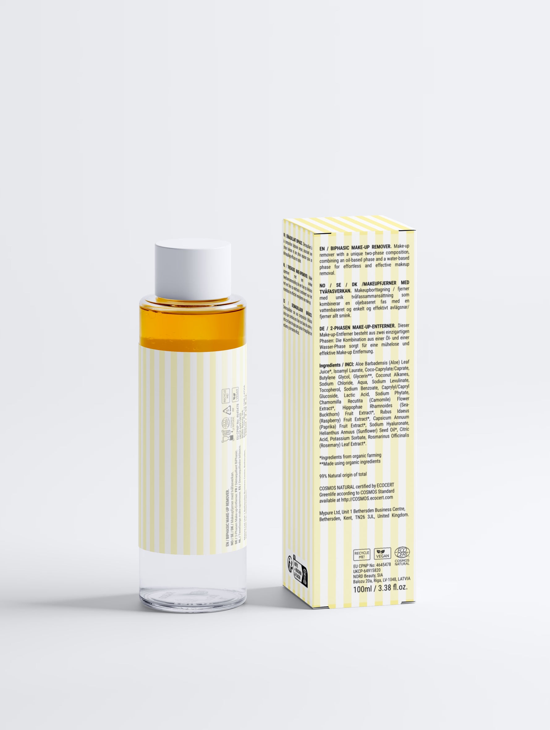 BiPhasic Make-up Remover Fragrance Free glass bottle next to its ingredient information packaging box on a white background