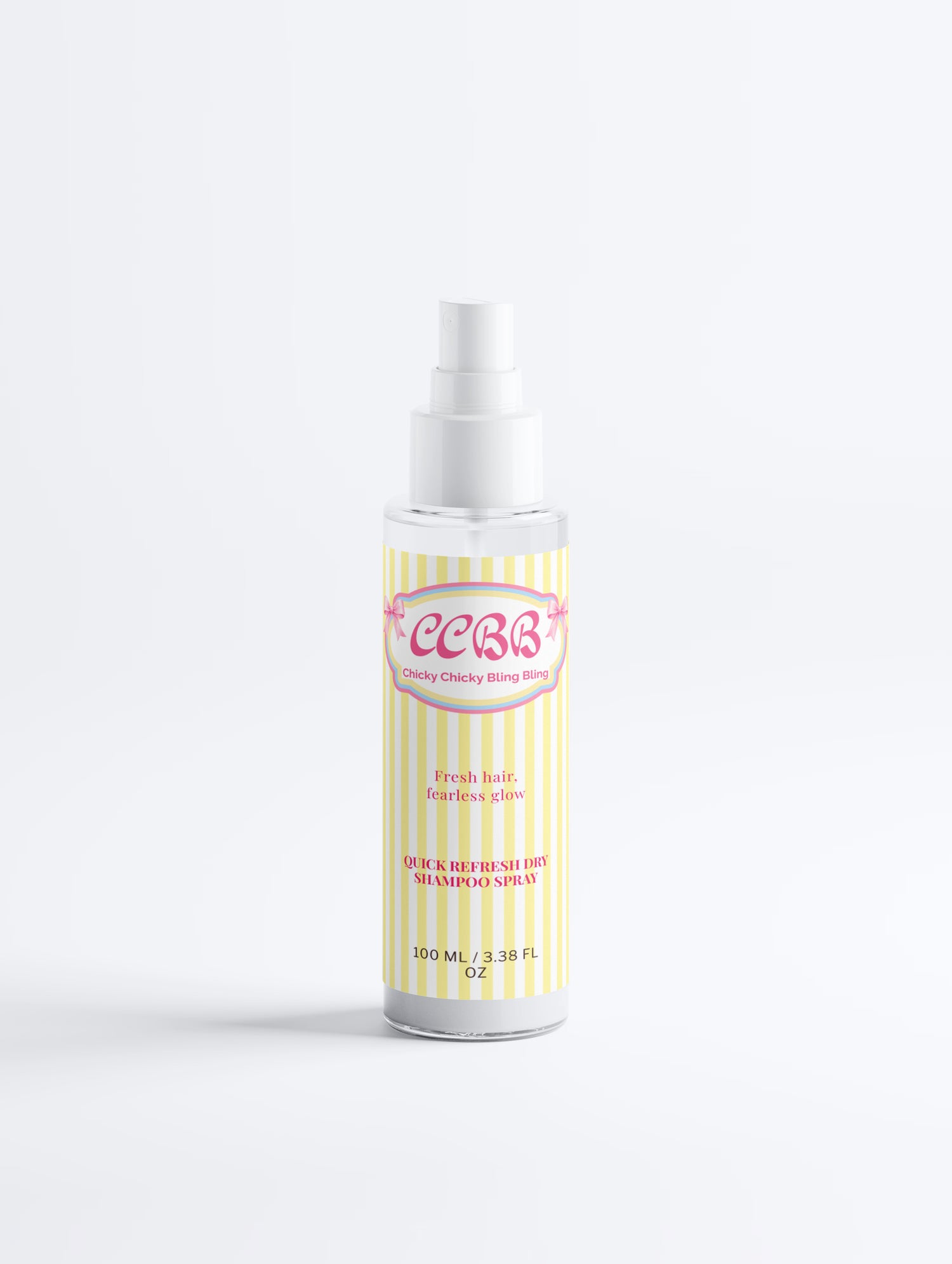 Chicky Chicky Bling Bling Quick Refresh Dry Shampoo Spray bottle with a custom pink and yellow label