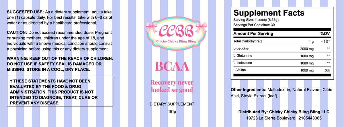 BCAA Amino Acid Muscle Recovery Powder label