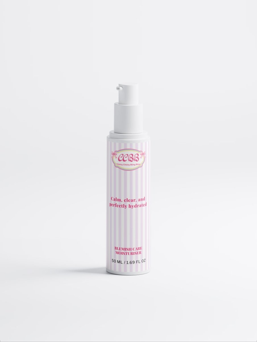 Blemish Care Moisturizer pink and white striped pump bottle on a white background