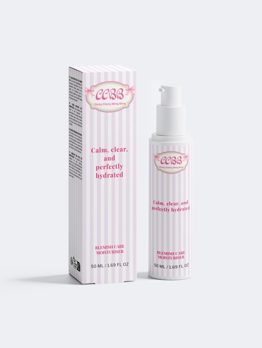 Blemish Care Moisturizer pump bottle and matching pink and white striped box on a white background