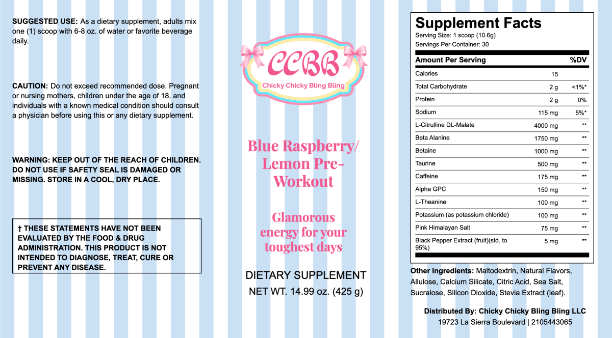 Blue Raspberry Lemon Pre-Workout Supplement Powder label