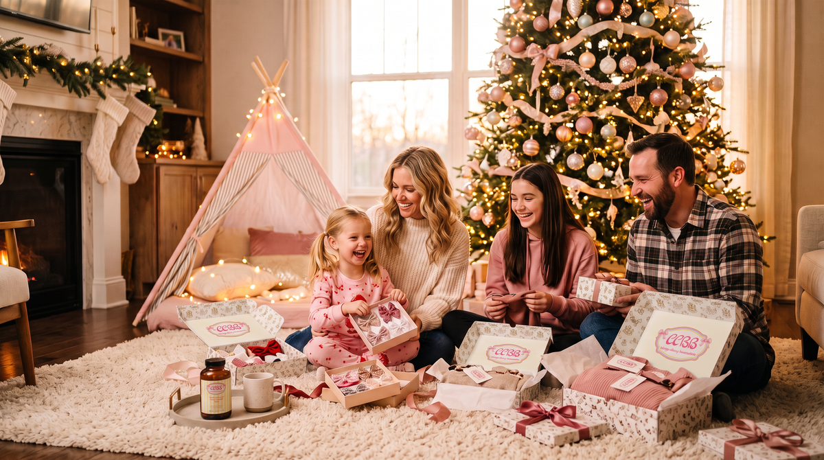 Chicky Chicky Bling Bling family unwrapping holiday gifts, luxury packaging, and wellness products around a festive Christmas tree