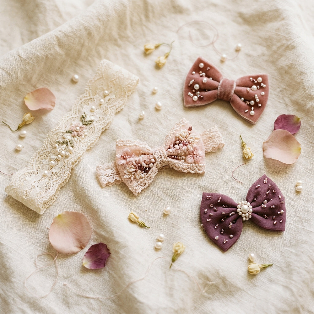 Chicky Chicky Bling Bling handcrafted velvet hair bows, floral lace headbands, and pearl hair clips