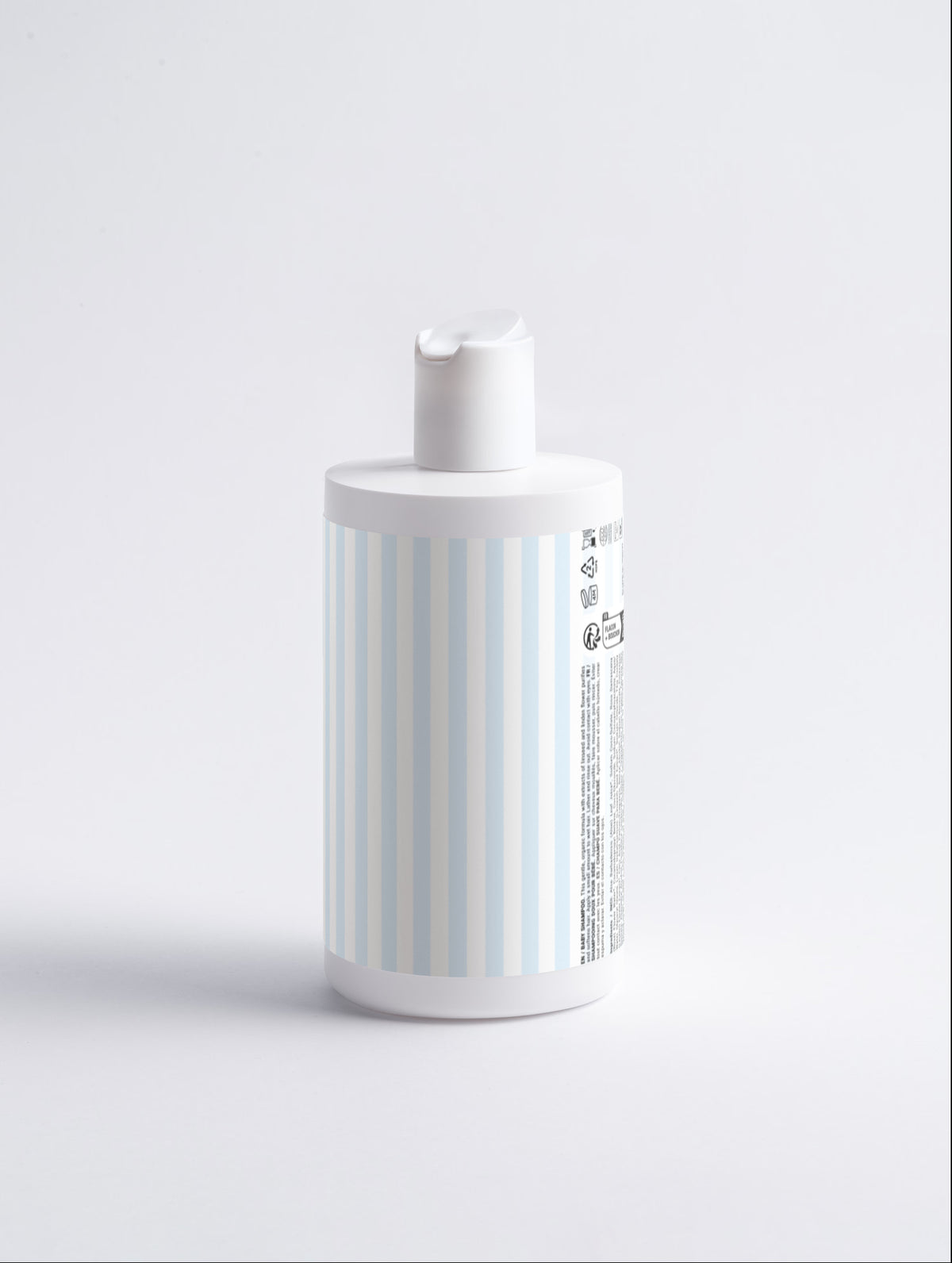 A cylindrical pump bottle with a white cap and a pale light-blue label, shown from a side angle on a clean white background.