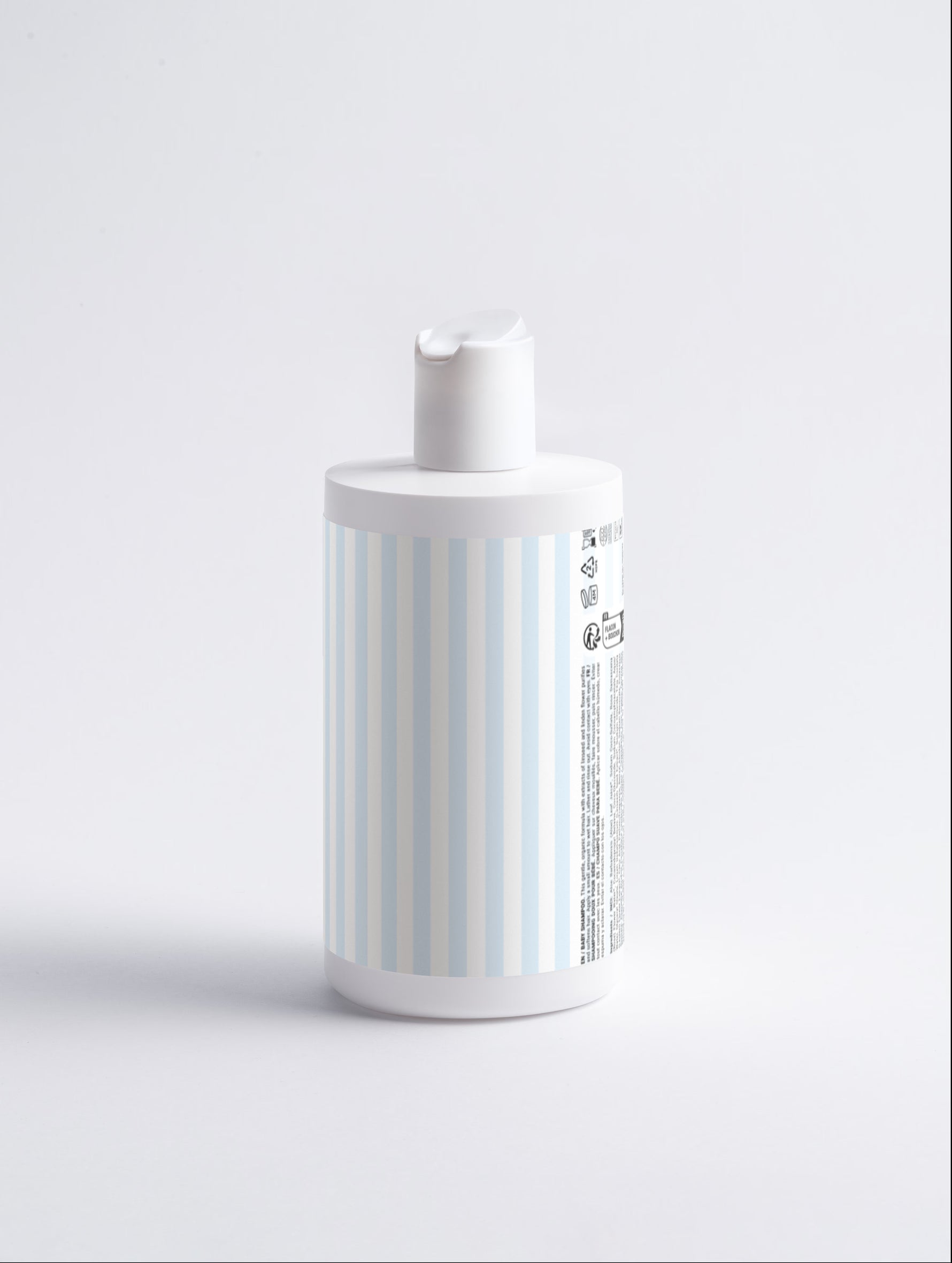 A cylindrical pump bottle with a white cap and a pale light-blue label, shown from a side angle on a clean white background.
