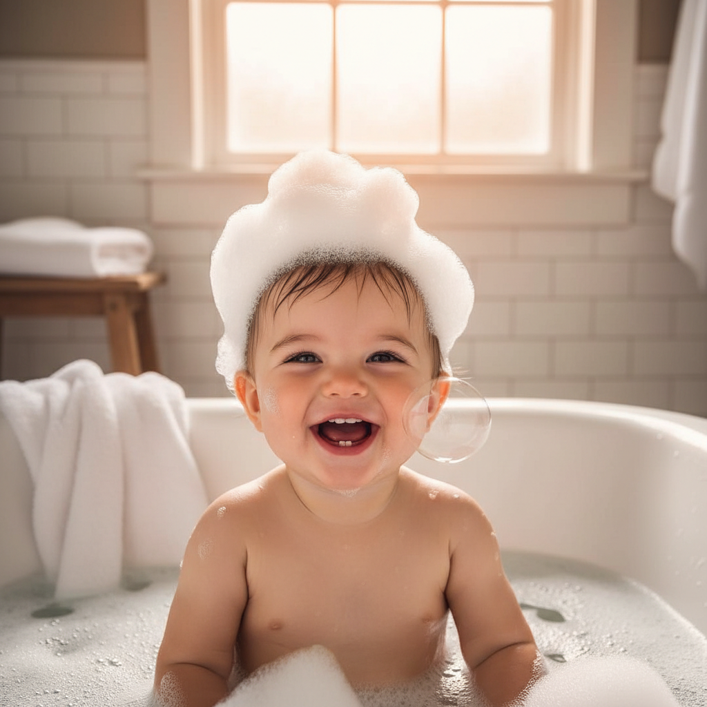 A smiling baby sitting in a bubble bath, wearing a white foam cap, with a white towel draped over the tub in a bright bathroom setting.