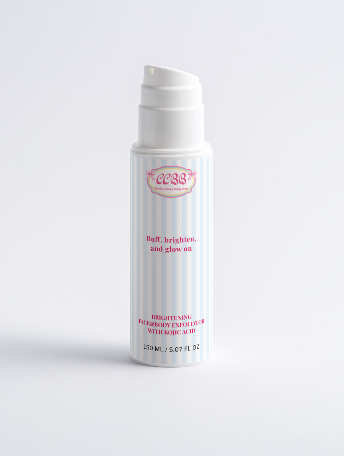Brightening Face and Body Exfoliator blue and white striped pump bottle on a white background