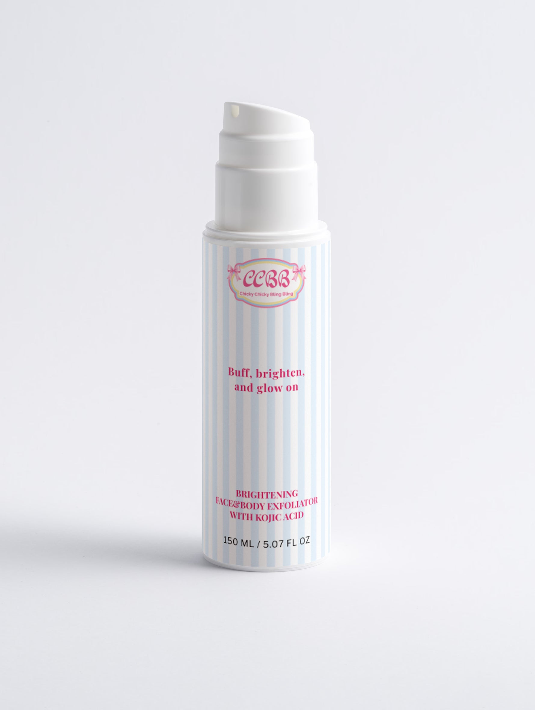 Brightening Face and Body Exfoliator blue and white striped pump bottle on a white background