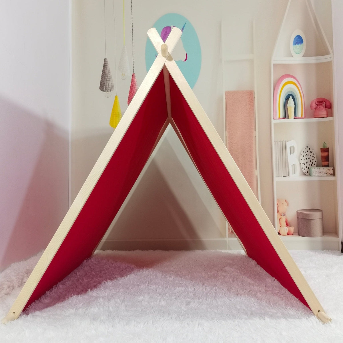 Kids Red sleepover tent close up photo- front of tent for sleepover