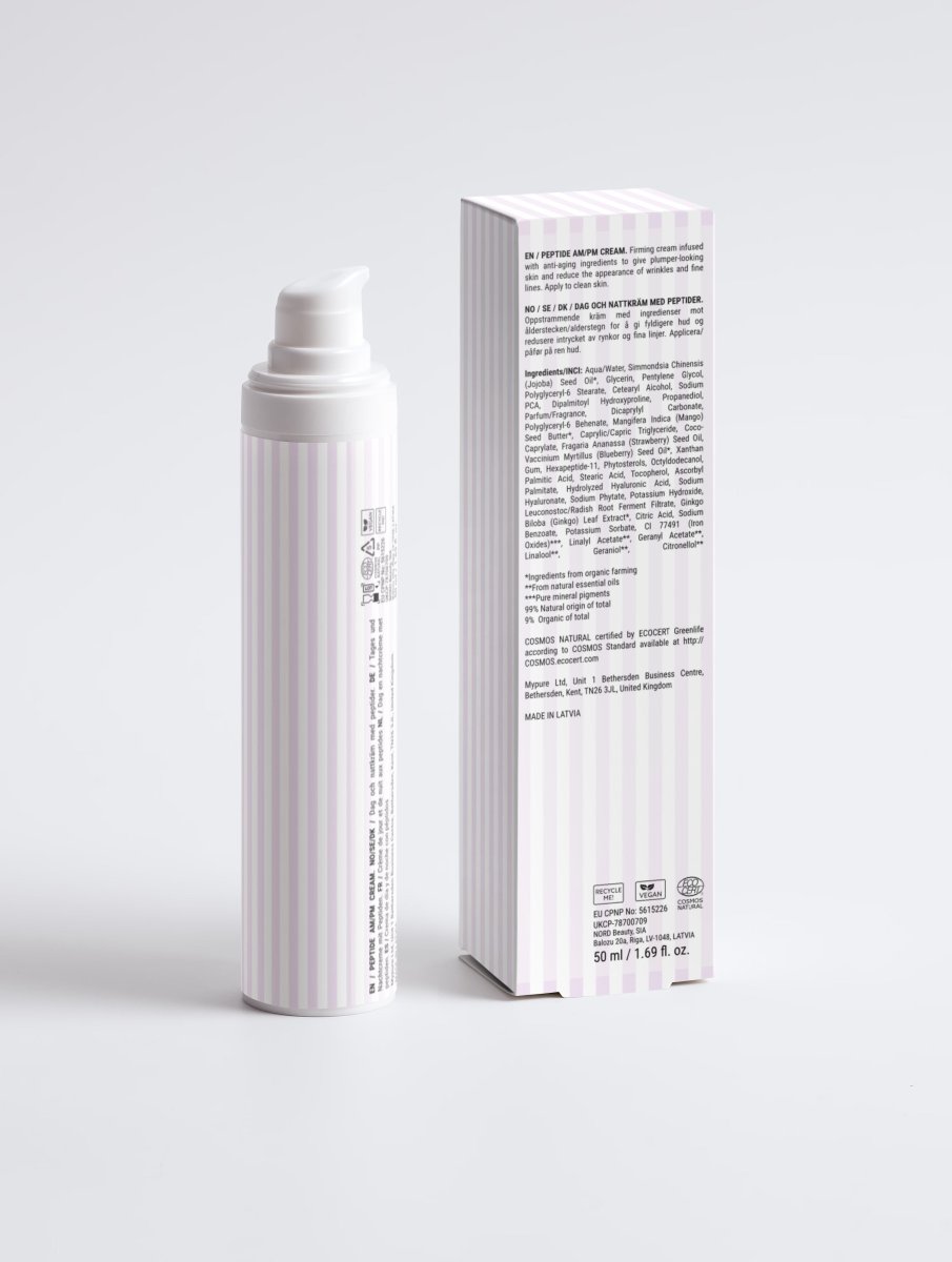 Anti-aging peptide and hyaluronic acid face moisturizer bottle side view