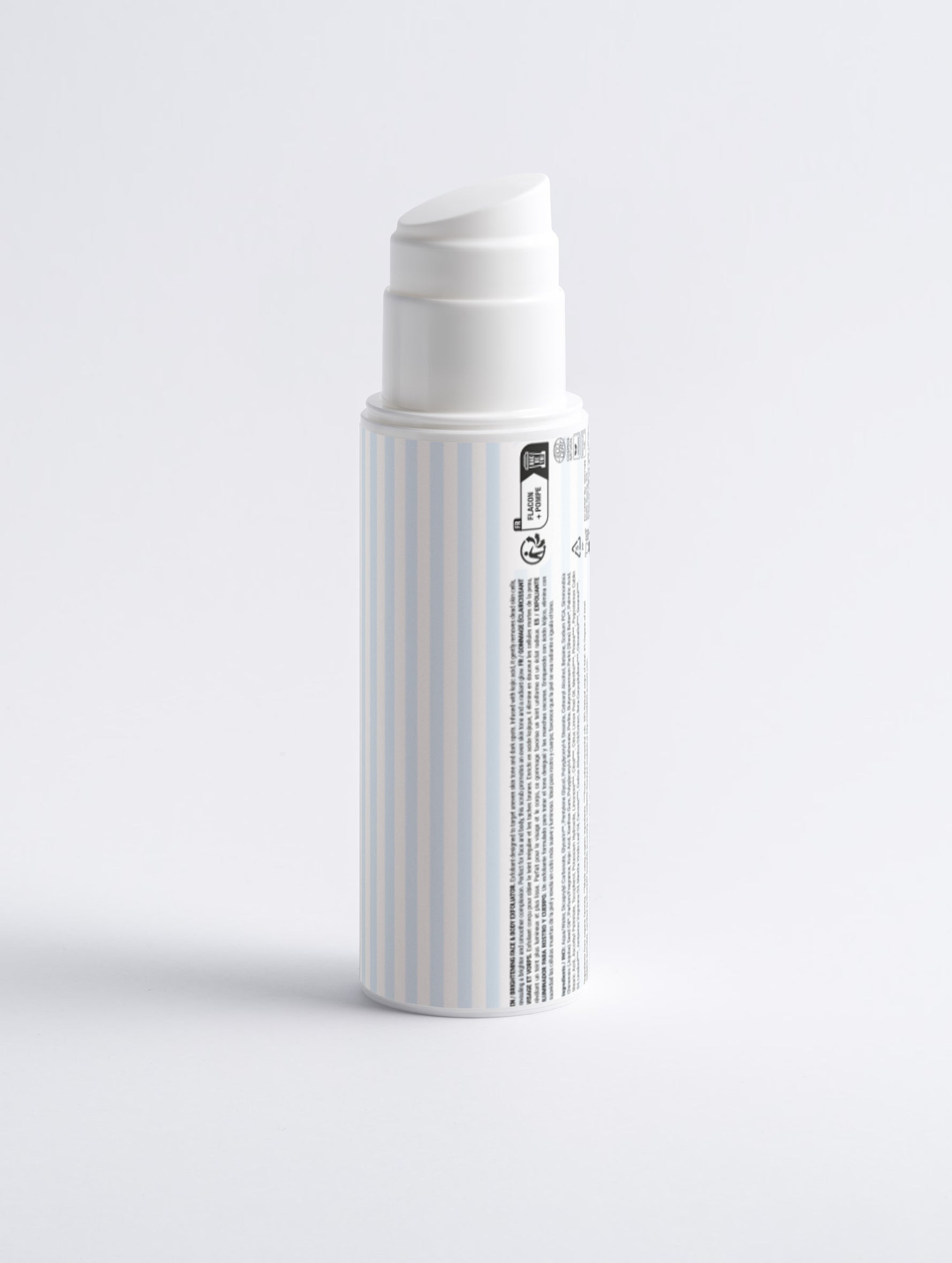 Brightening Face and Body Exfoliator blue and white striped pump bottle back view