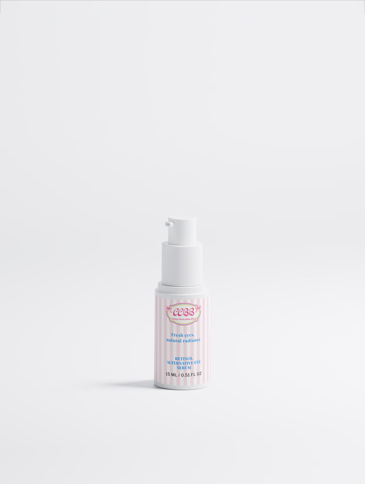 Retinol Alternative Eye Serum white pump bottle with pink and white striped label