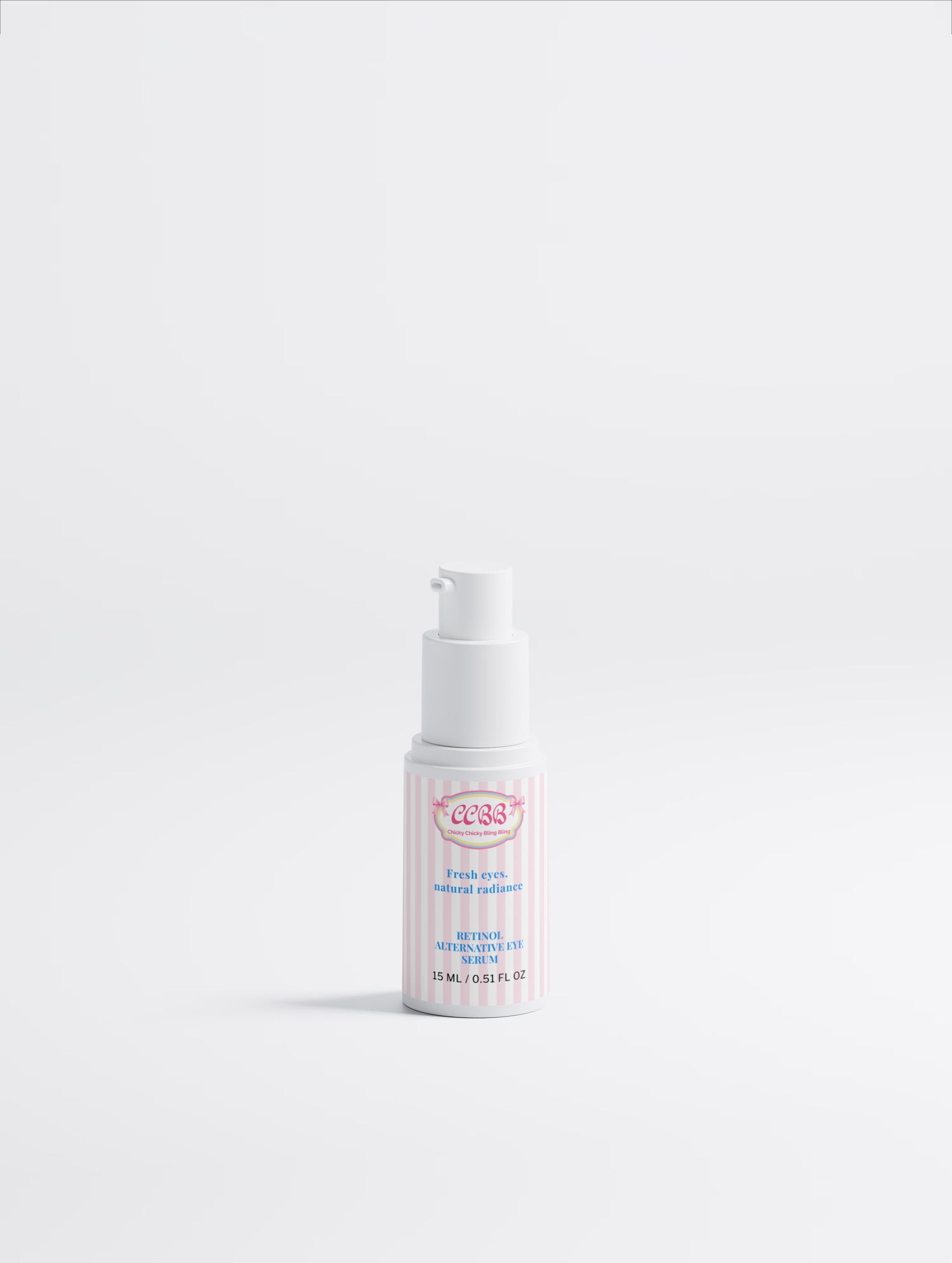 Retinol Alternative Eye Serum white pump bottle with pink and white striped label
