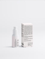 Retinol Alternative Eye Serum bottle and matching pink and white striped box on a white background