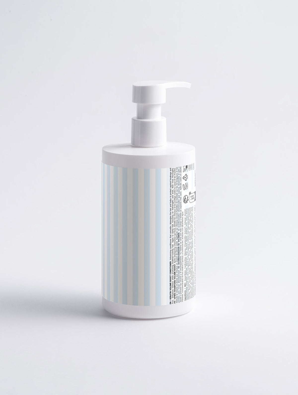 A white pump bottle with a vertical light blue and white stripe pattern on its label, shown on a clean white background.