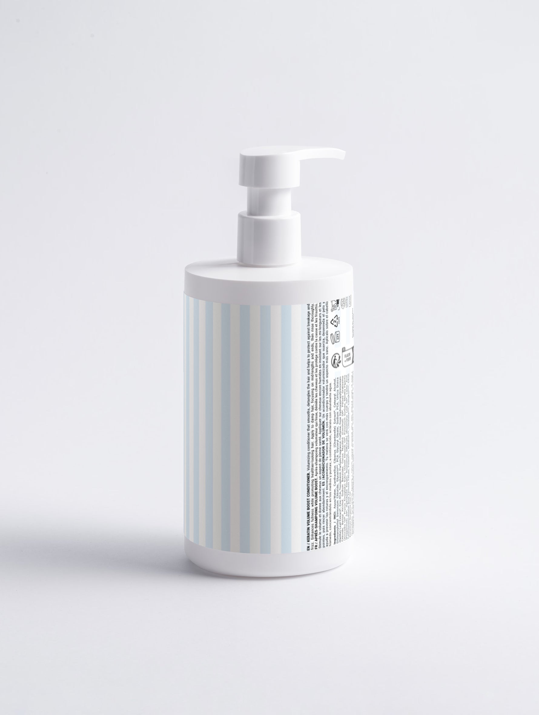 A white pump bottle with a vertical light blue and white stripe pattern on its label, shown on a clean white background.