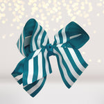 bow teal and white stripe- teal and white stripe hair barrette- striped bow for hair- hair accessories