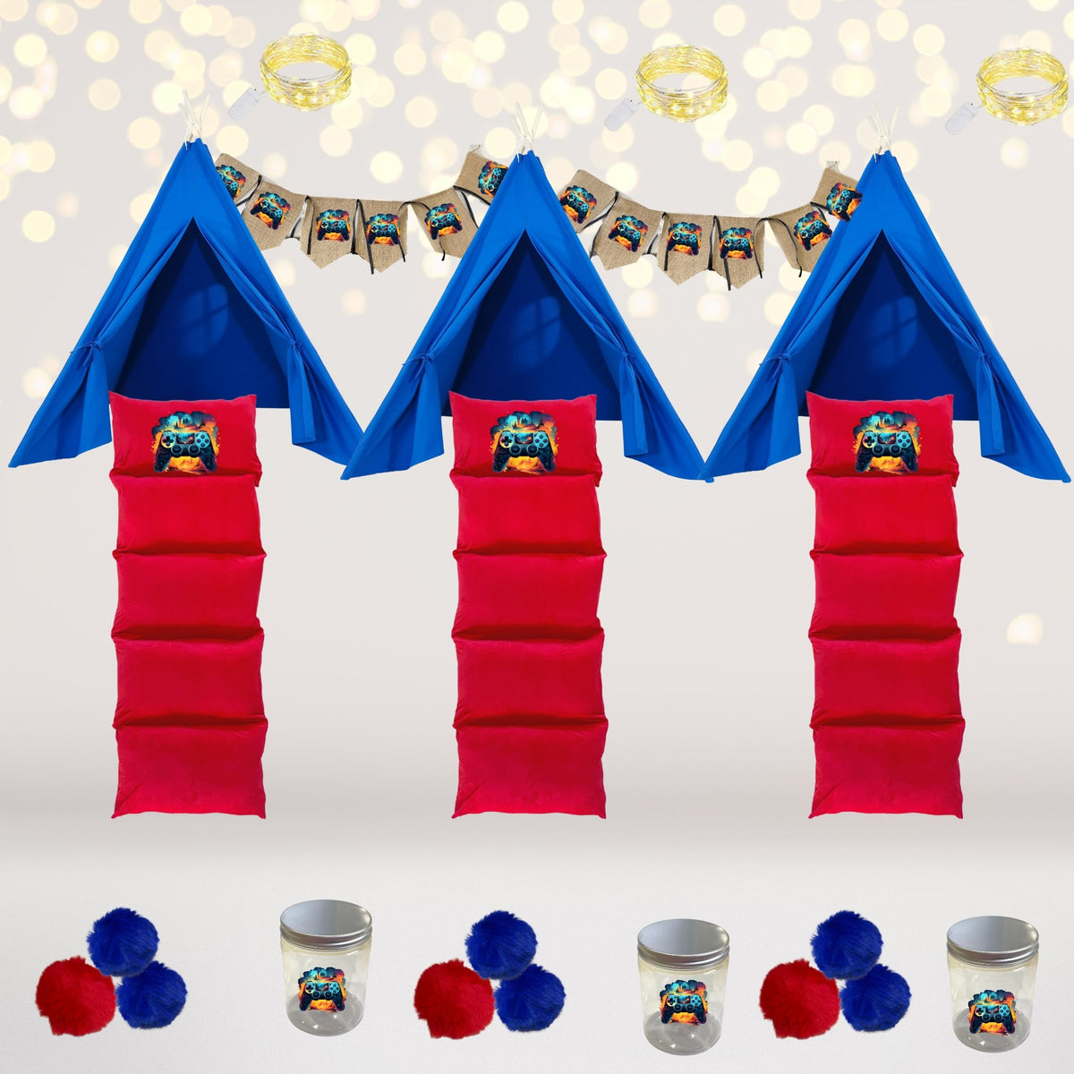 Party Bundle - Retro Video Gamer TeePee Tent Party Sleepover In A Box- playstation
