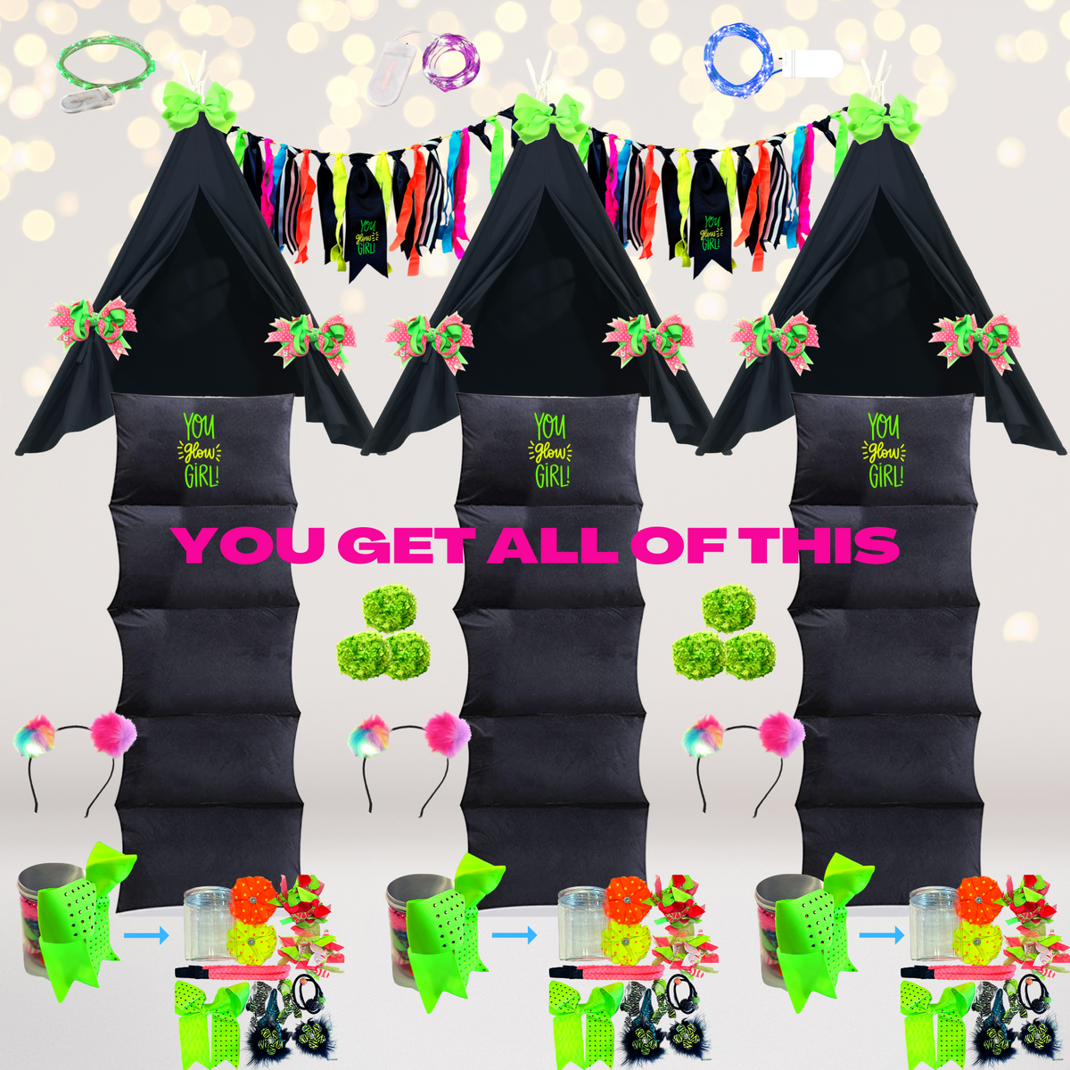 Glow in the dark party supplies- Sleepover party in a box- 80's party decorations- neon party supply kit