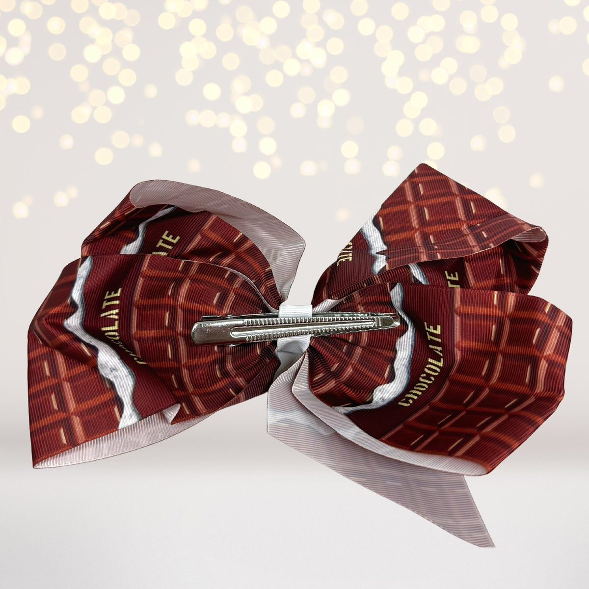 back of Chocolate hair bow- chocolate icing bows- chocolate bar bow for hair- chocolate bar hair barrette
