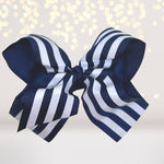 bow navy blue and white stripe- navy blue and white stripe hair barrette- striped bow for hair -hair accessories