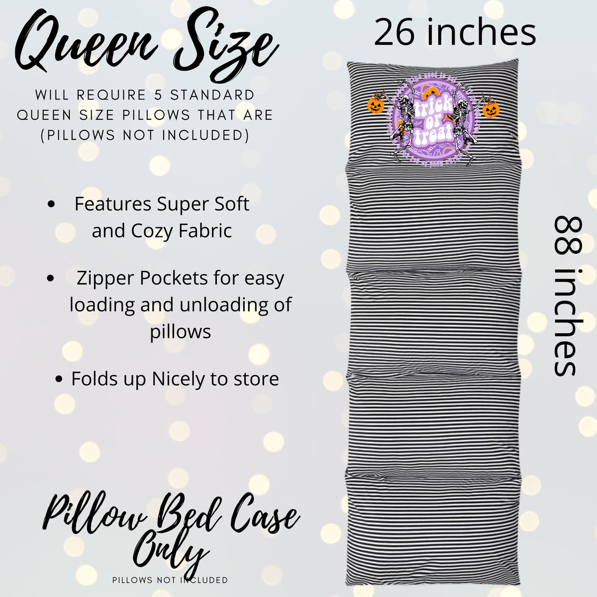 Striped Pillowed with measurements and personalization for our Halloween Sleepover Party Supplies kit- Halloween party kit