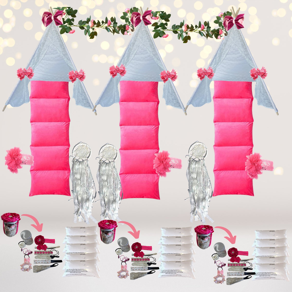 Pink and White Boho theme sleepover party supplies kit