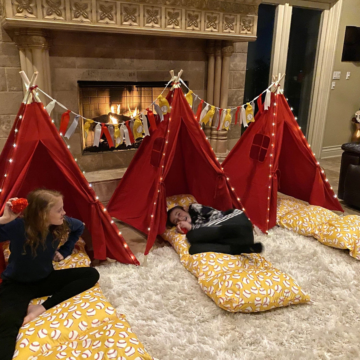Baseball and Softball Teepee Tent Sleepover Party Kit, Baseball tee pee tent Slumber Party Glamping Set