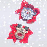Girls 2.5" Glitter Rudolph the Red Nose Reindeer and Santa Claus Christmas Hair Bow Clips